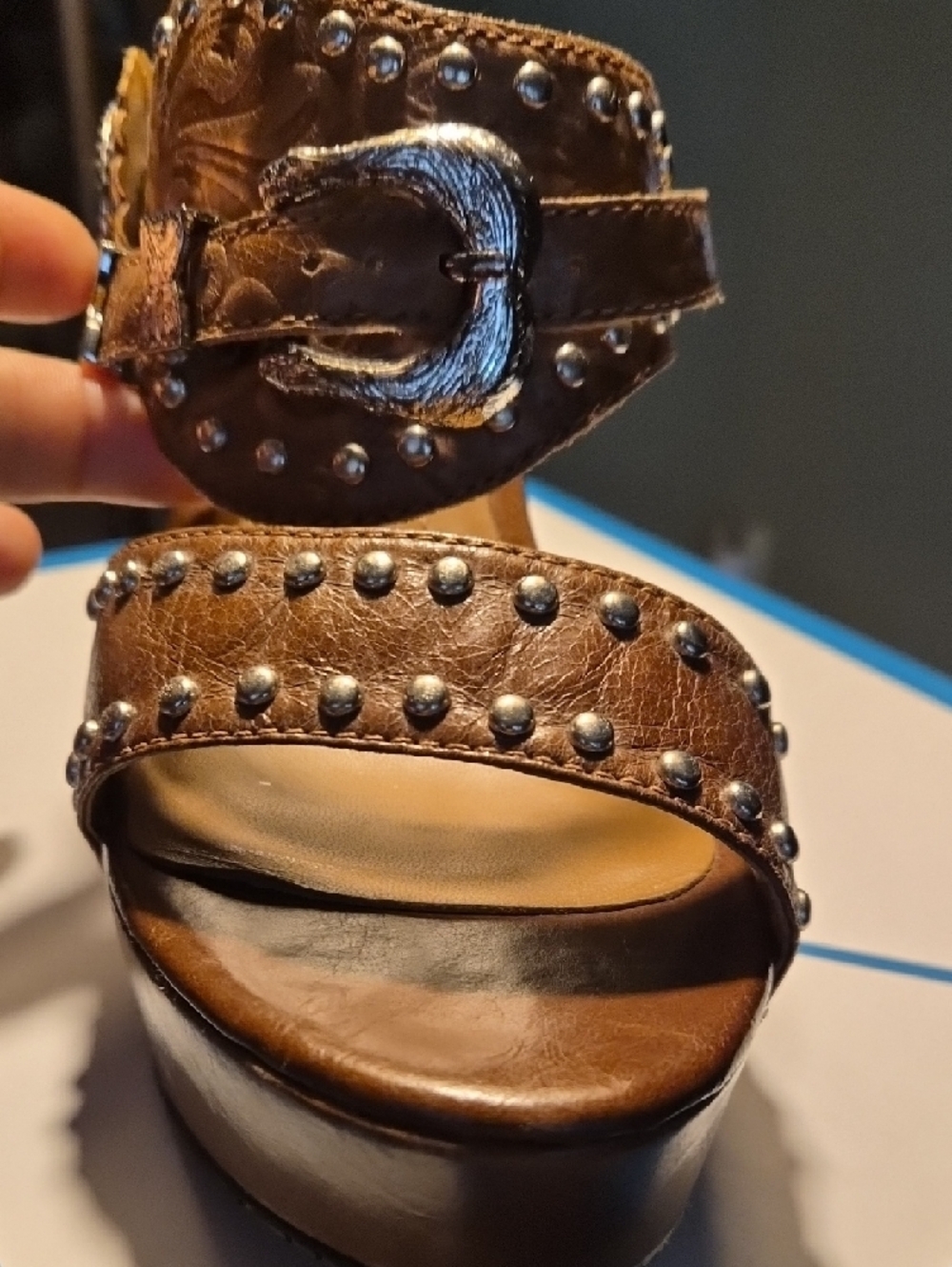 Brown Studded Platform Sandal with Decorative Concho - Picture 2 of 9